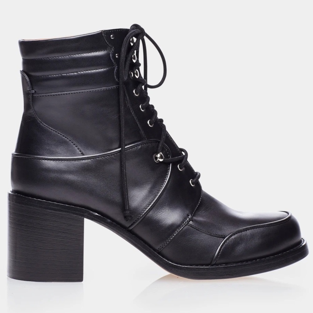 TABITHA SIMMONS black leather Leo lace up heeled moto boots 38.5